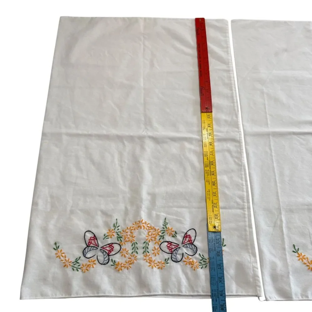 Vintage 50's Hand Embroidered Pillowcases Butterfly Floral Pair MCM Cottagecore